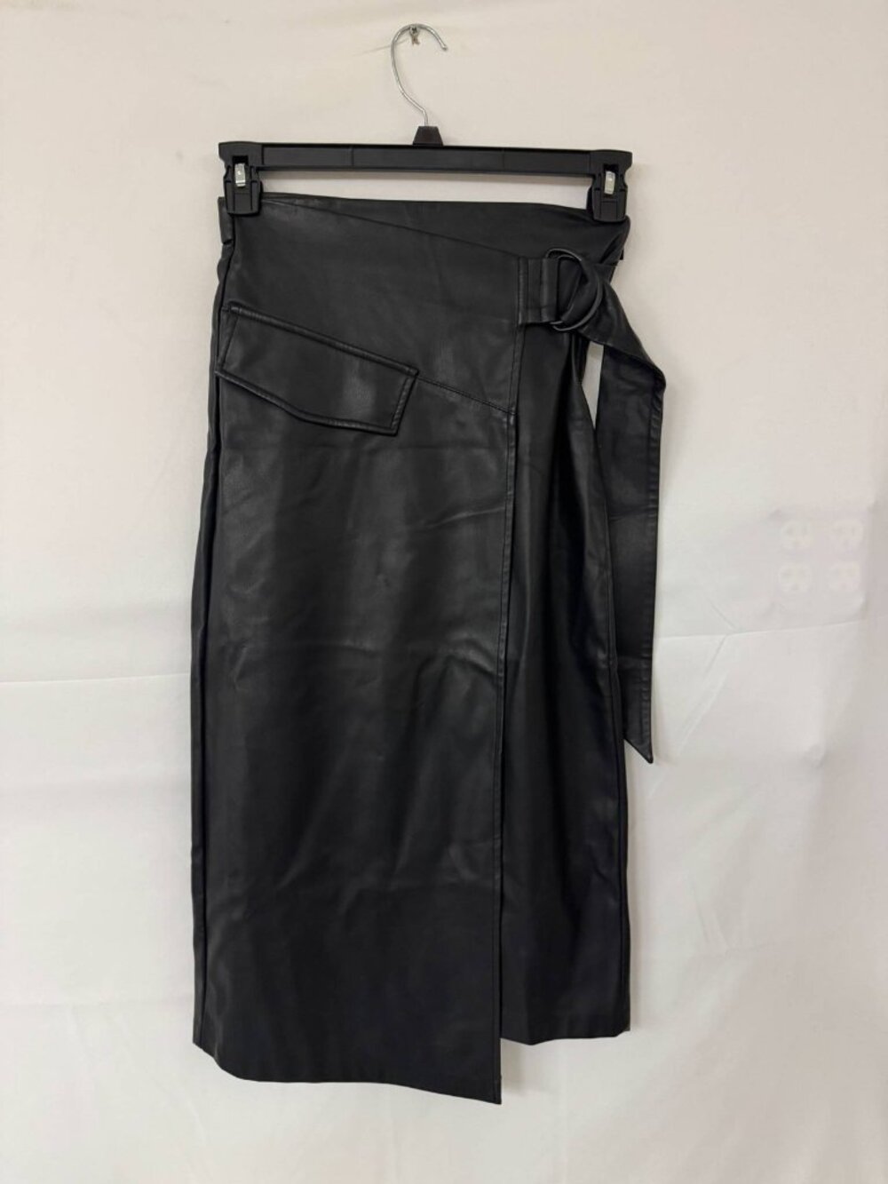 Massimo Dutti Womens Leather Wrap Skirt Midi Size S Black 5374/694 NWT